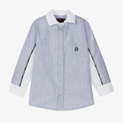 AIGNER Boys Blue Striped Cotton Logo Shirt