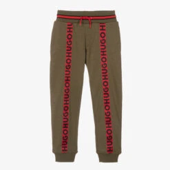 HUGO Boys Khaki Green Piqué Logo Tape Joggers