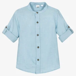 IDO Baby Boys Blue Collarless Linen Shirt