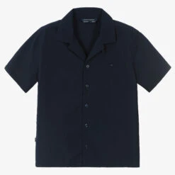 Mayoral Nukutavake Boys Navy Blue Cotton Seersucker Shirt