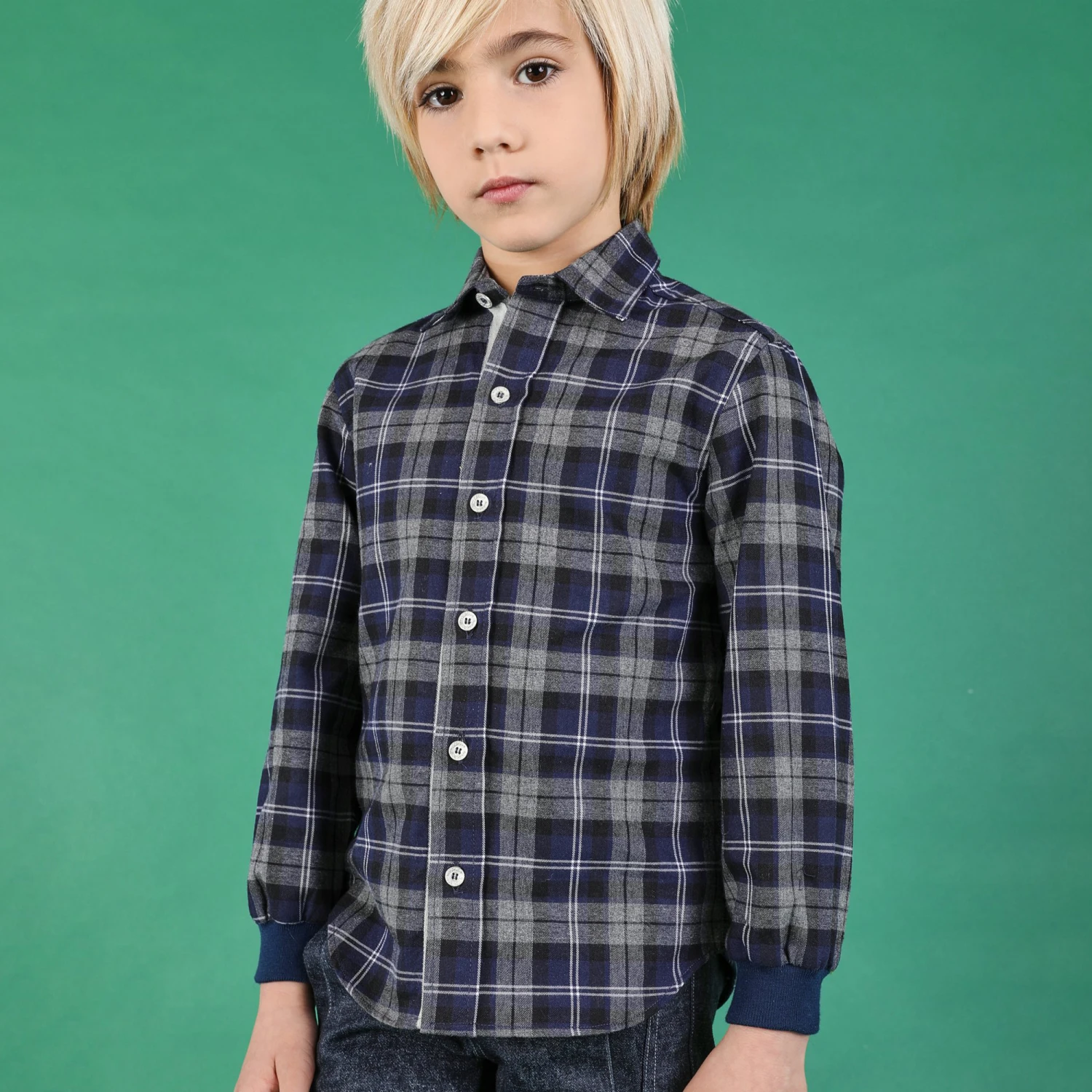 Pan Con Chocolate Boys Blue & Grey Checked Shirt - Image 2