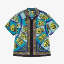 Versace Boys Blue Le Maschere Print Silk Shirt